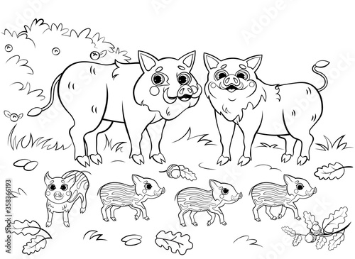 Slika na platnu Cute cartoon boar family vector coloring page outline