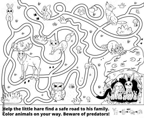 Help the little hare find a safe road to his family. Color animals on your way. Beware of predators! Printable maze or labyrinth game for children. Puzzle. Tangled road. Black and white for coloring