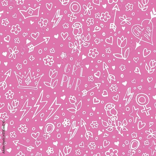 Vector seamless pattern with girl power symbols and hand drawn phrases. GRL PWR abstract background. Girly design for t-shirt prints, phone cases, wrapping or posters. Vector illustration.