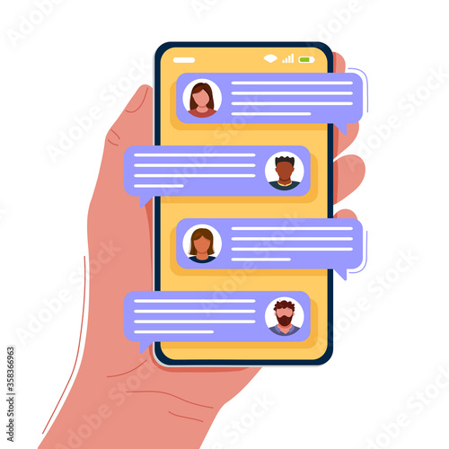 Hand with phone with chat bubbles, text messages