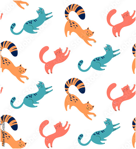 Fototapeta Naklejka Na Ścianę i Meble -  Texture of vector kittens. Funny prints with animals for textiles, t-shirts, posters. Seamless pattern with cats, hand-drawn. Cute faces, mustache, paws, stripes on a white background