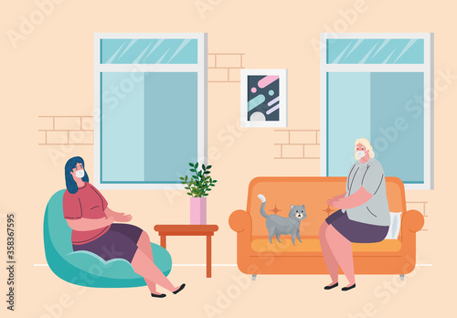 stay home, women wearing medical mask, quarantine or self isolation vector illustration design