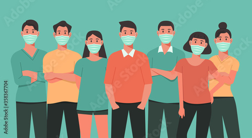 group of people wearing surgical face mask to prevent virus spreading and standing together, character vector flat illustration