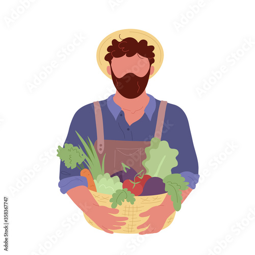 Farmer in abrow and hat with basket of vegetables