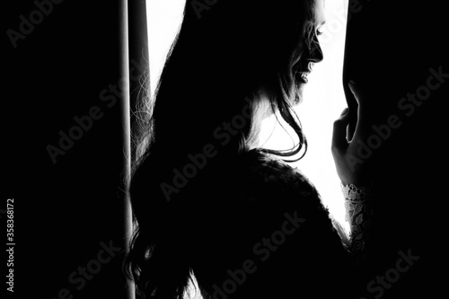 Black and white portrait of pretty bride near the window  © shunevich