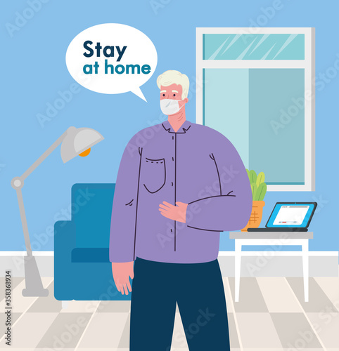 stay home, man wearing medical mask in living room, quarantine or self isolation vector illustration design