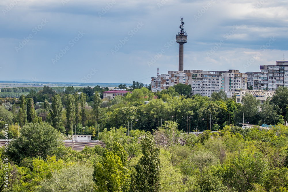 Aerial view of the Galati city in summer season and Television Tower, Romania