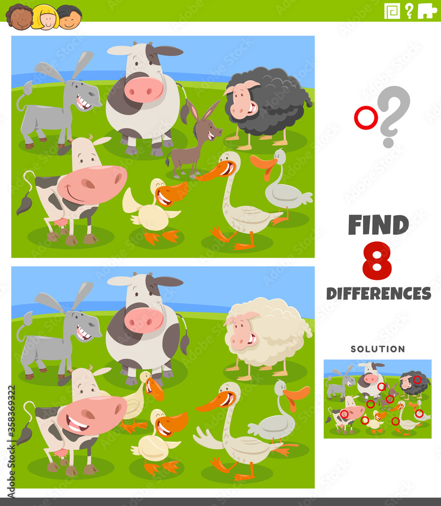 Naklejka premium differences educational game with cartoon farm animals