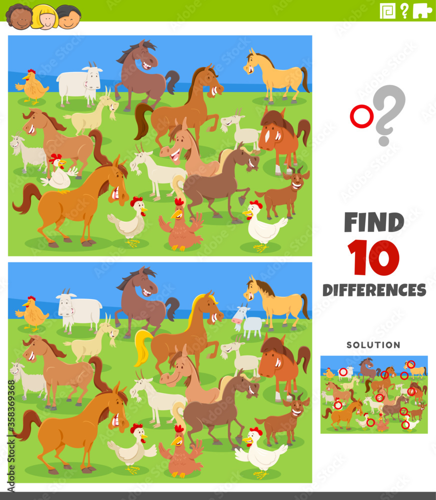 differences educational game with farm animals Stock Vector | Adobe Stock