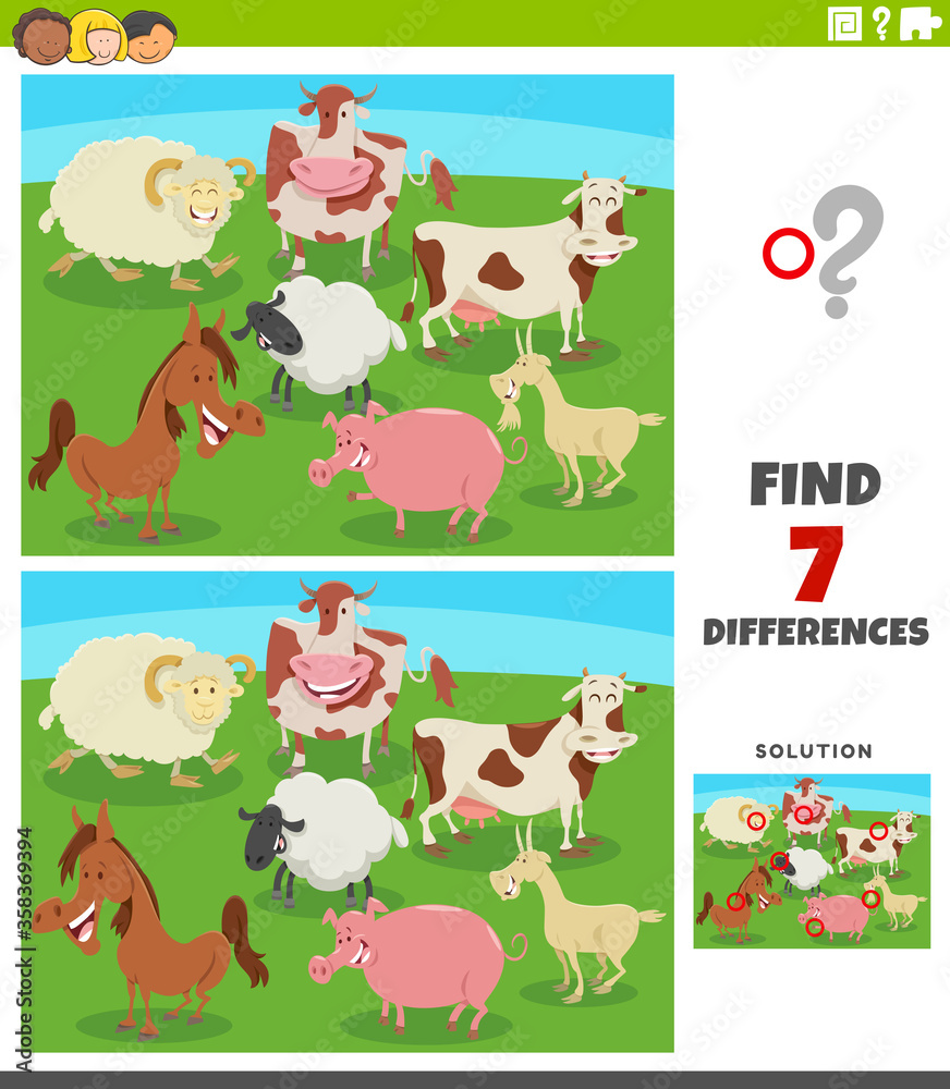 Fototapeta premium differences educational game with comic farm animals