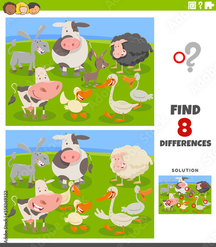 differences educational game with cartoon farm animals