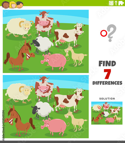 Fototapeta Naklejka Na Ścianę i Meble -  differences educational game with comic farm animals