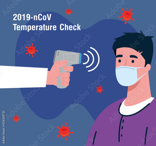 covid 19 coronavirus, hand holding infrared thermometer to measure body temperature, man check temperature vector illustration design