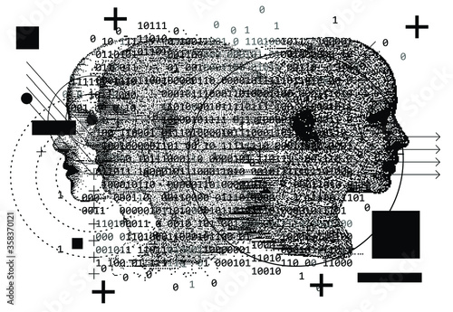 Artificial Intelligence and Virtual Reality concept. 3D human head made of pixels.