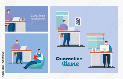 stay home, set scenes people, quarantine or self isolation vector illustration design