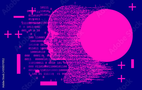 Artificial Intelligence and Virtual Reality concept. 3D human head made of pixels.