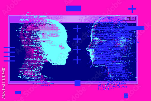 Artificial Intelligence and Virtual Reality concept. 3D human head made of pixels in neon vivid colors.