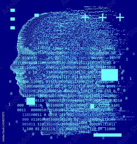 Artificial Intelligence and Virtual Reality concept. 3D human head made of pixels.