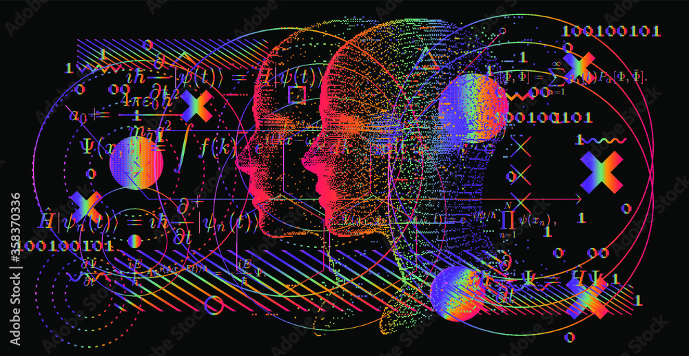 Artificial Intelligence and Virtual Reality concept. 3D human head made of pixels in neon holographic vivid colors on dark background.