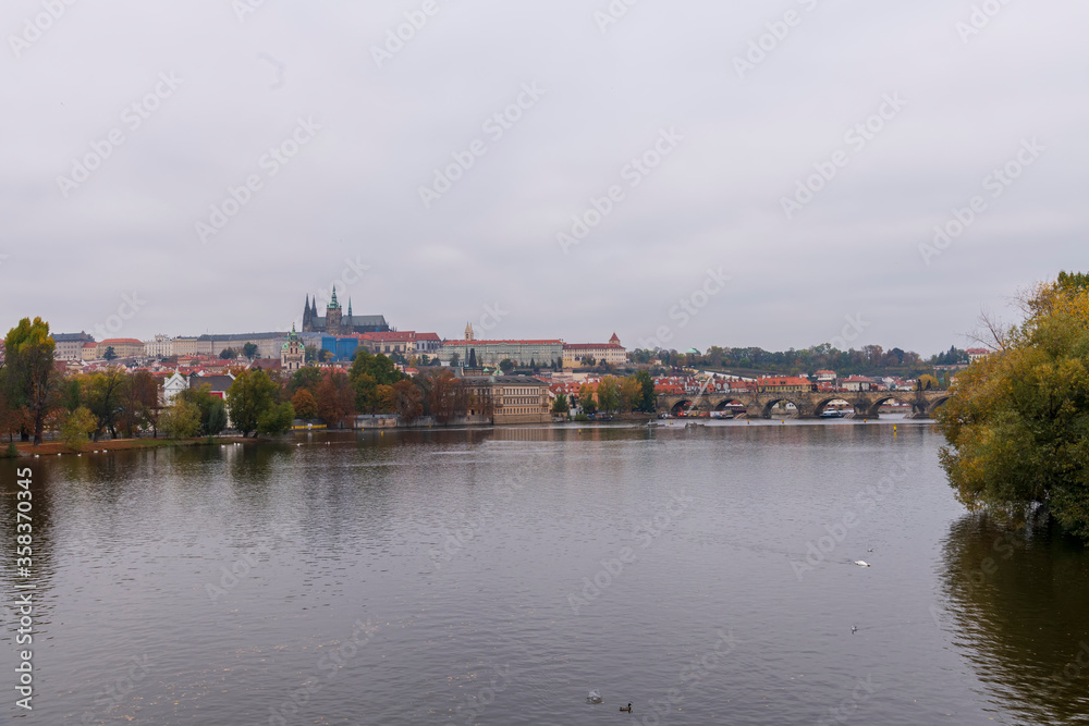 View of the Vltava river and Old Town in Prague. Czech Republic