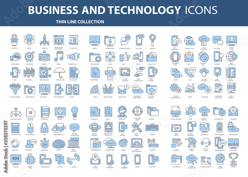 Business and marketing, programming, data management, internet connection, social network, computing, information. Thin line blue icons set. Flat vector illustration