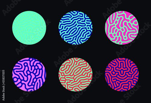 Set of circles with Reaction–diffusion or Turing pattern made by generative art computer algorithm that models chemical and physical phenomena.