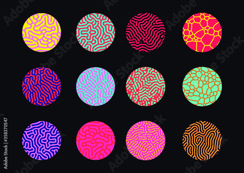 Set of circles with Reaction–diffusion or Turing pattern made by generative art computer algorithm that models chemical and physical phenomena.