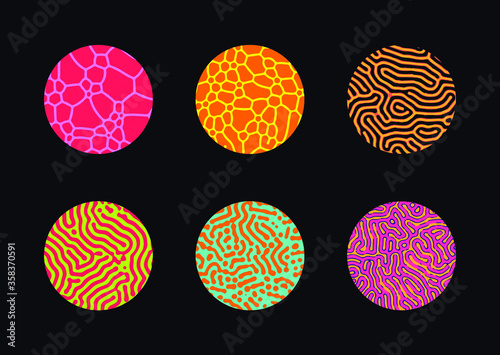 Set of circles with Reaction–diffusion or Turing pattern made by generative art computer algorithm that models chemical and physical phenomena.
