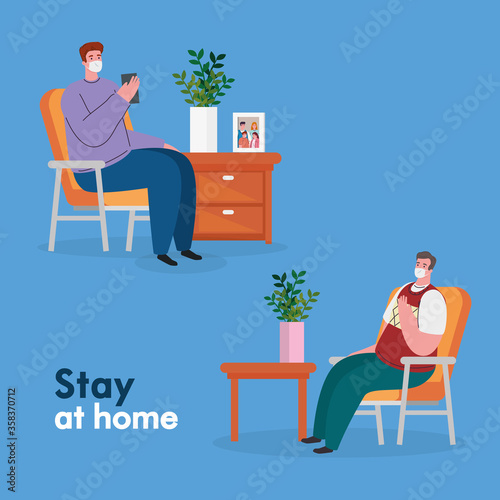 stay home, men wearing medical mask, quarantine or self isolation vector illustration design