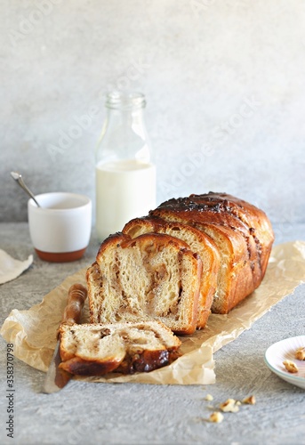 Sourdough Twist bread with walnut filling. Homemade Walnut Babka. photo