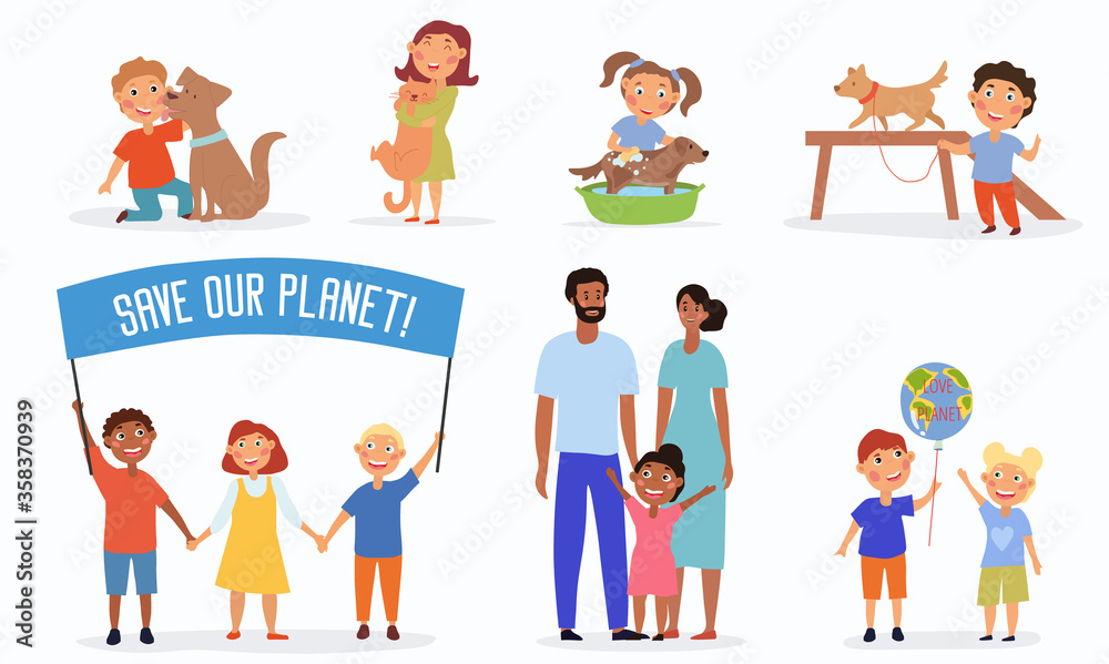 Children showing responsibility to family and animals caring for pets, Saving the Planet and family group in 7 different scenes, colored vector illustration