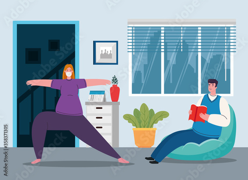 stay home, couple doing activities, quarantine or self isolation vector illustration design