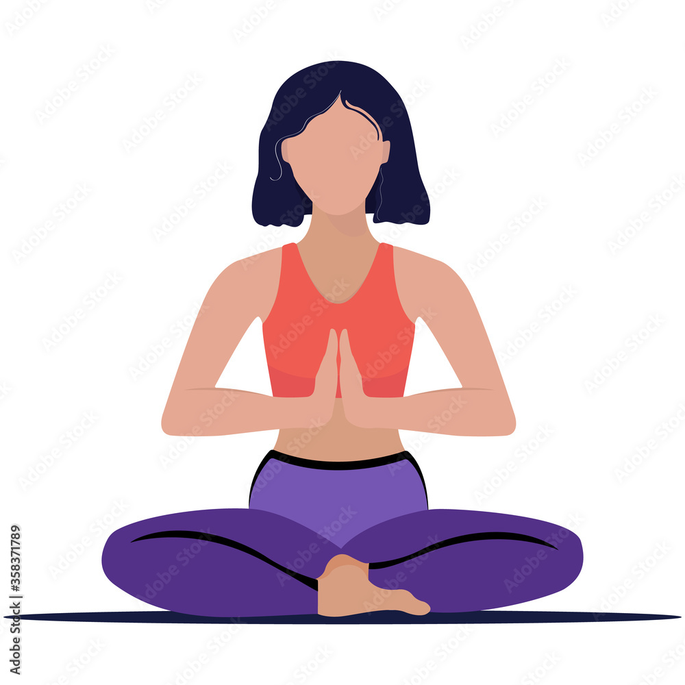 Vector illustration of a woman practicing yoga. Yoga and meditation. Woman sitting in lotus position isolated on white background. International Yoga Day