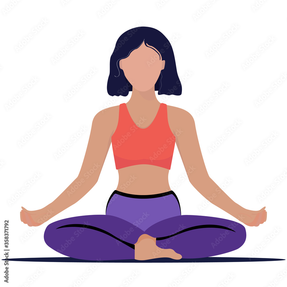 Vector illustration of a woman practicing yoga. Yoga and meditation. Woman sitting in lotus position isolated on white background. International Yoga Day Vector illustration of a woman practicing yoga. Yoga and meditation. Woman sitting in lotus position isolated on white background. International Yoga Day