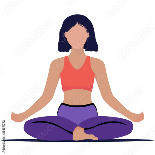 Vector illustration of a woman practicing yoga. Yoga and meditation. Woman sitting in lotus position isolated on white background. International Yoga Day