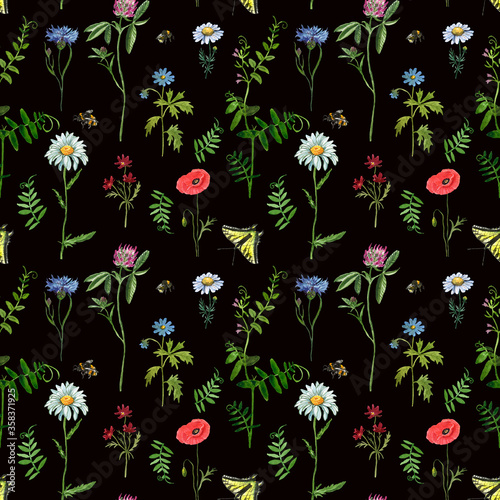 Wildflowers seamless pattern on dark background. Watercolor red poppy, blue c...