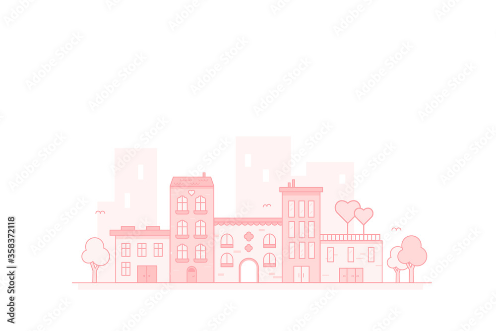 Romantic city, valentines day. Dating, love, relationship vector concept. Cityline modern flat art in pink colors, cute illustration.