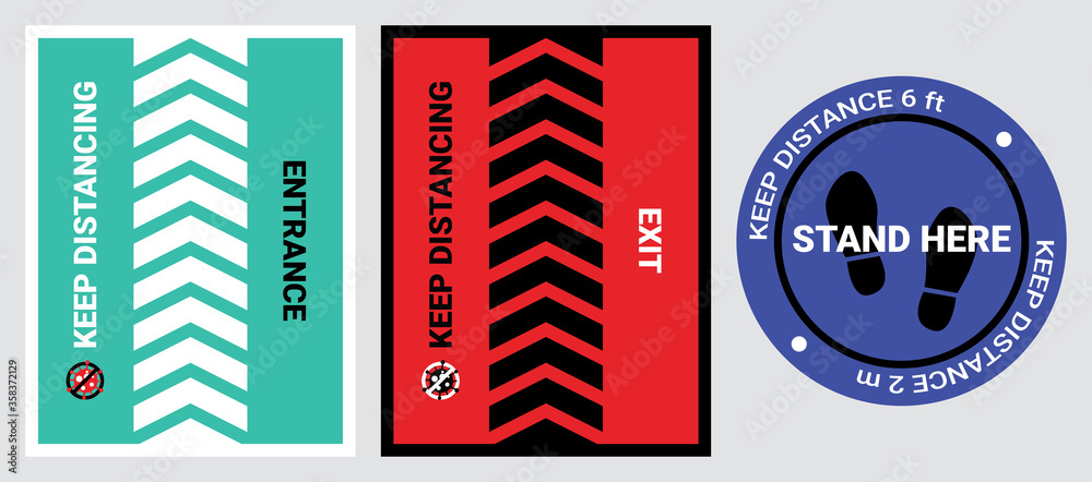 Please keep safe distance sign to help reduce the spread of covid-19 coronavirus. Respect physical distancing 6 feet or 2 meters floor sticker for entrance, exit, stand in the stores or supermarkets