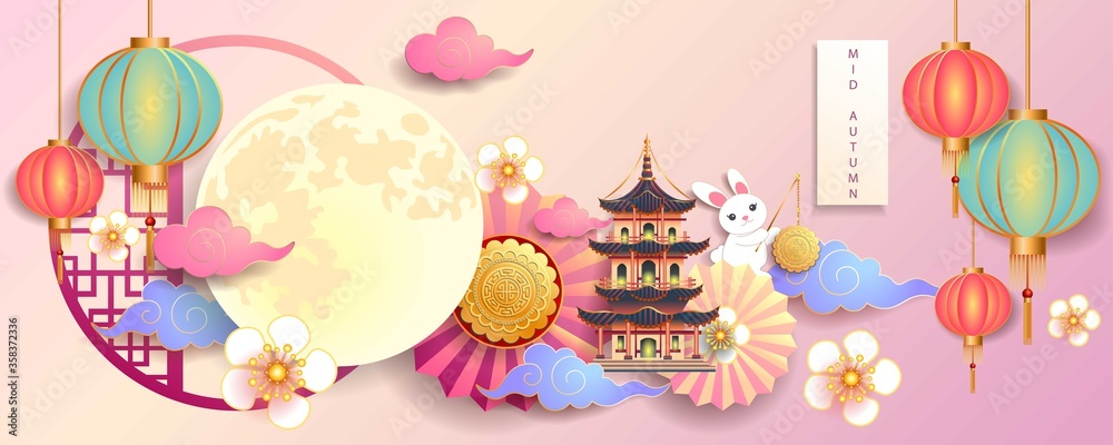 Mid autumn festival / Chinese festival with the moon, moon cake, cloud, rabbit, pagoda, lantern, blow and flowers on color paper. Vector illustration