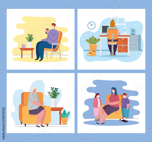 stay home, set scenes people, quarantine or self isolation vector illustration design