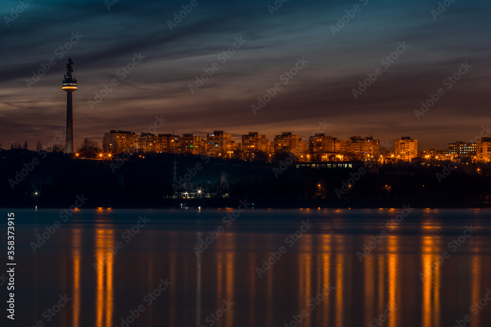 Television Tower and Danube River from Galati at sunset,Romania
