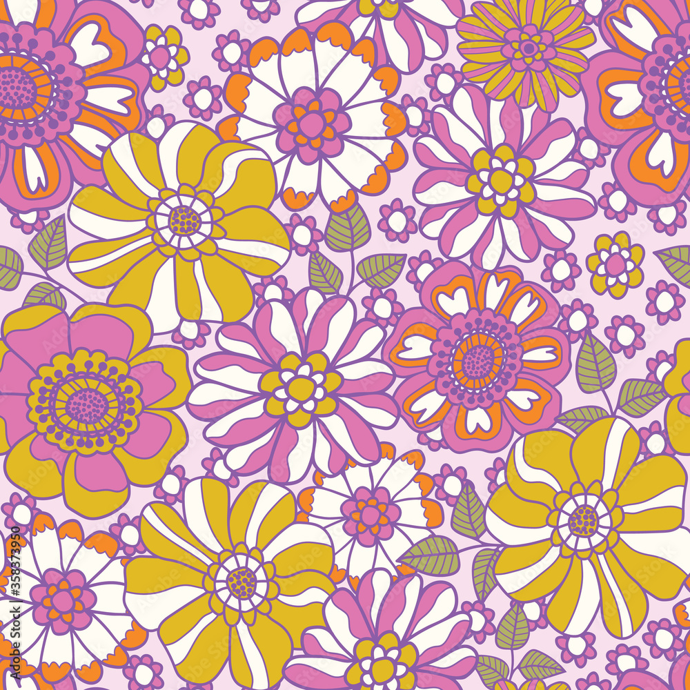 Retro 60s floral. Vector repeat pattern. Great for home decor, wrapping, fashion, scrapbooking, wallpaper, gift, kids, apparel. Retro 60s floral. Vector repeat pattern. Great for home decor, wrapping, fashion, scrapbooking, wallpaper, gift, kids, apparel.