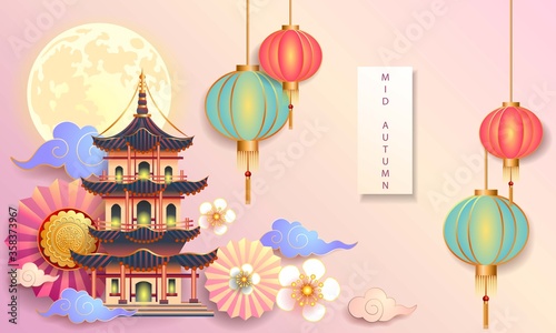 Mid autumn festival / Chinese festival with the moon, moon cake, cloud, blow, pagoda, lantern and flowers on color paper. Vector illustration