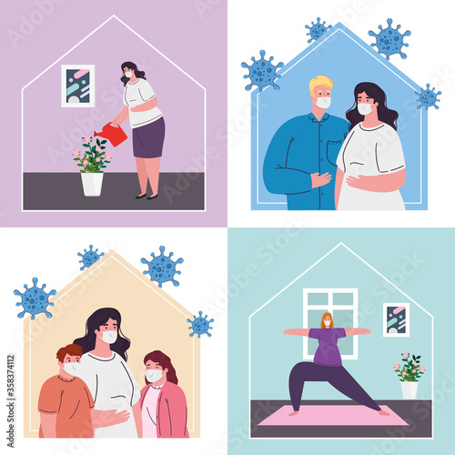 stay home, set scenes people, quarantine or self isolation vector illustration design