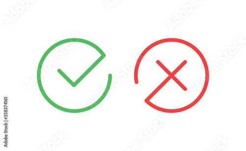 Check mark icons. Green tick symbol and red x sign in circle. Icons for evaluation quiz. Vector.