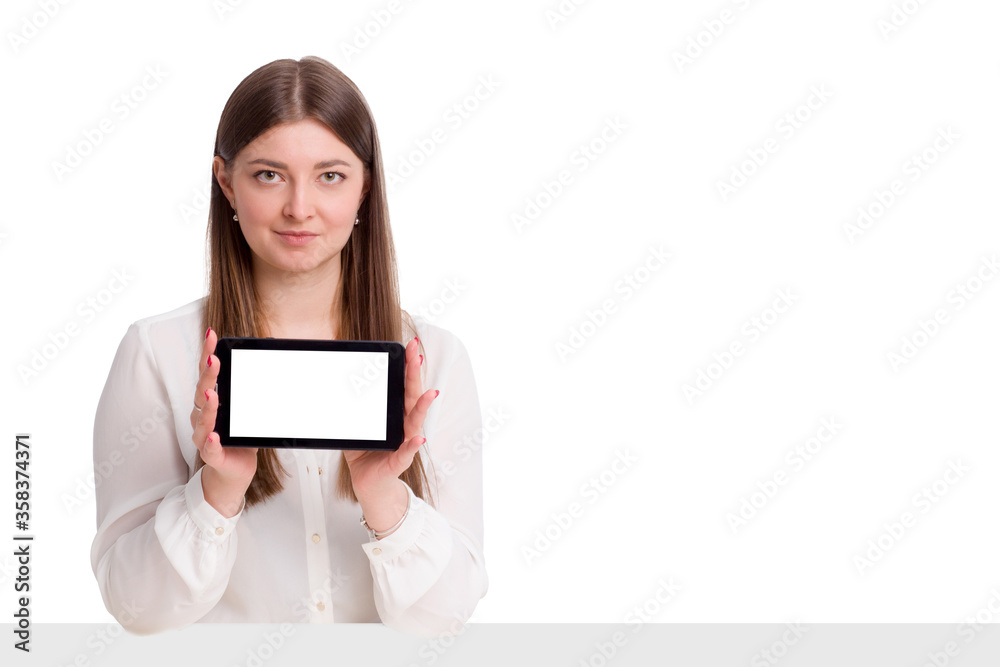 Mock up, young business woman showing blank screen mobile smart phone, for product display, mobile application or webpage advertising Mock up, young business woman showing blank screen mobile smart phone, for product display, mobile application or webpage advertising