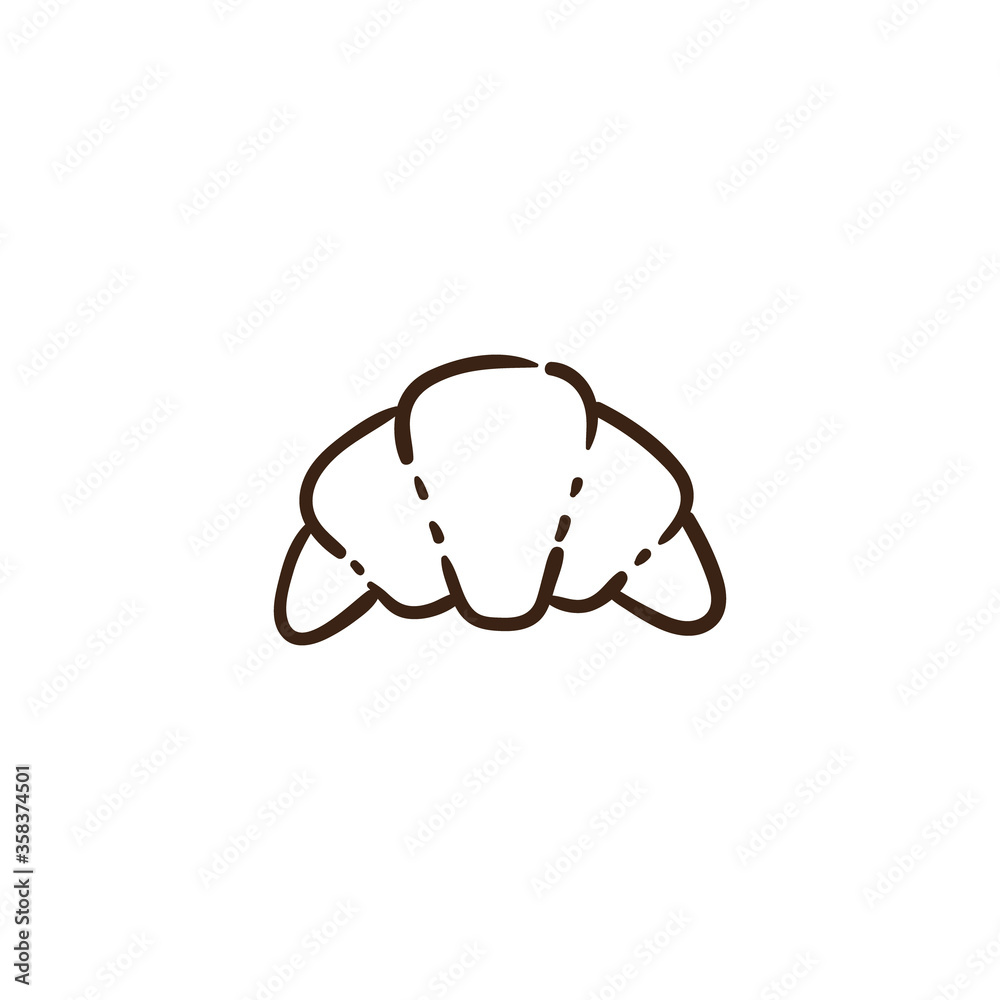 Croissant icon in doodle hand drawn style. Bakery shop symbol. Breakfast vector symbol.
