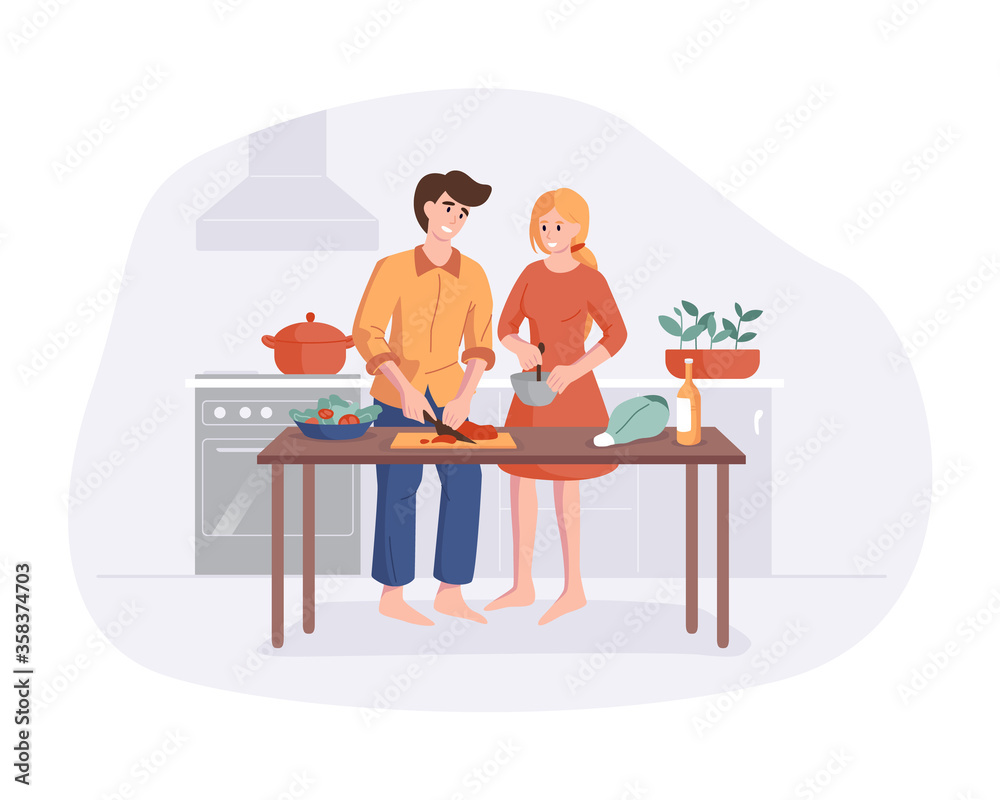 Fototapeta premium Family prepares dinner together at the kitchen table. Parents smiling while cooking in kitchen at home. Man and woman cartoon character making lunch. Vector flat colorful smiling people