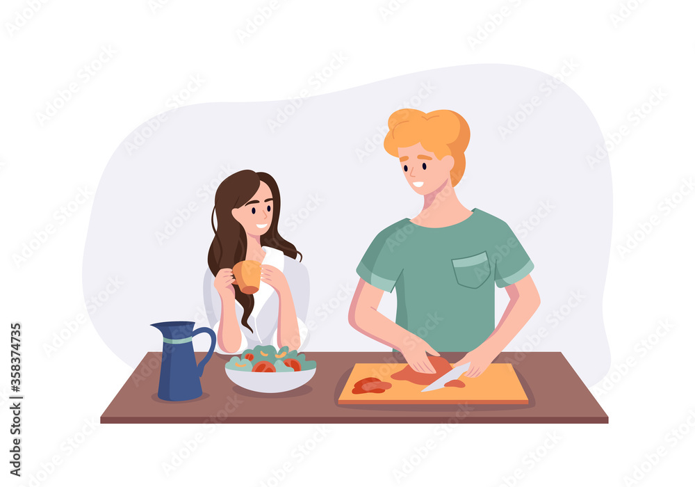 Young couple is talking while cooking breakfast at the dinner table in the kitchen. Woman drinking coffee and talking to her husband. Man preparing meals at home. Male cartoon character making lunch Young couple is talking while cooking breakfast at the dinner table in the kitchen. Woman drinking coffee and talking to her husband. Man preparing meals at home. Male cartoon character making lunch