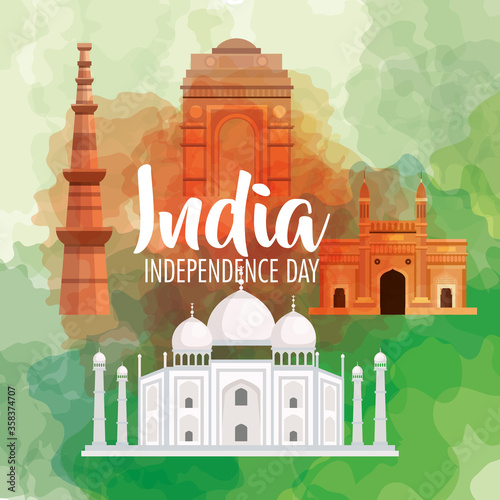 famous monuments of india in background for happy independence day vector illustration design
